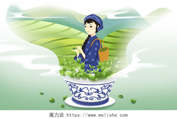 中国风女孩茶叶原创插画素材